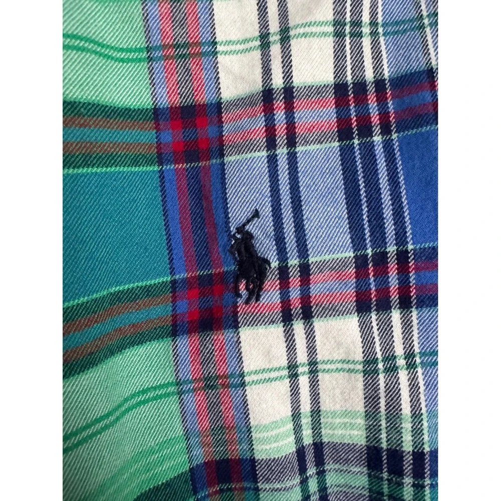 Ralph Lauren Boys Flannel Button Down Shirt‎ Green Blue Plaid Logo Size M 10-12